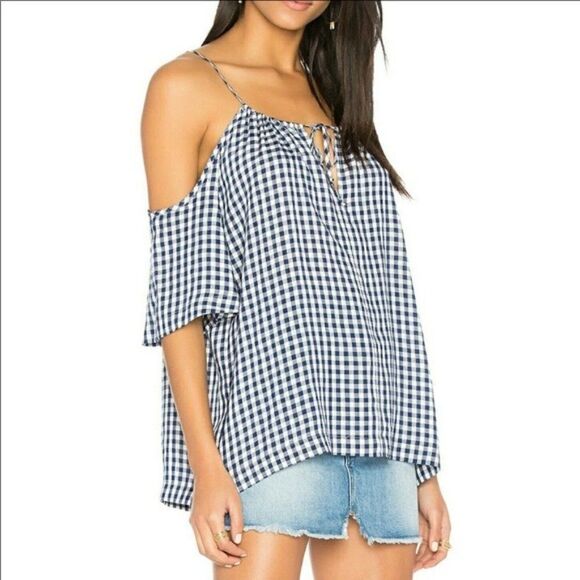 Velvet Graham & Spencer Gingham Cold Shoulder Top Blue White XS - Picture 3 of 12